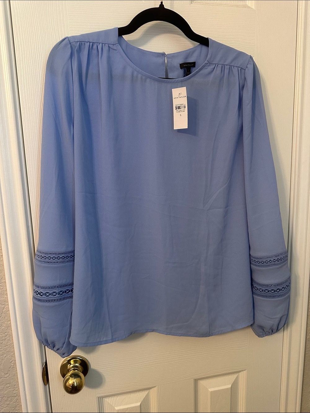 Ann Taylor Baby Blue Long-Sleeve Blouse with Crochet Sleeve Detail